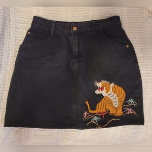 Black Denim Mini Skirt with Embroidered Tiger Accent